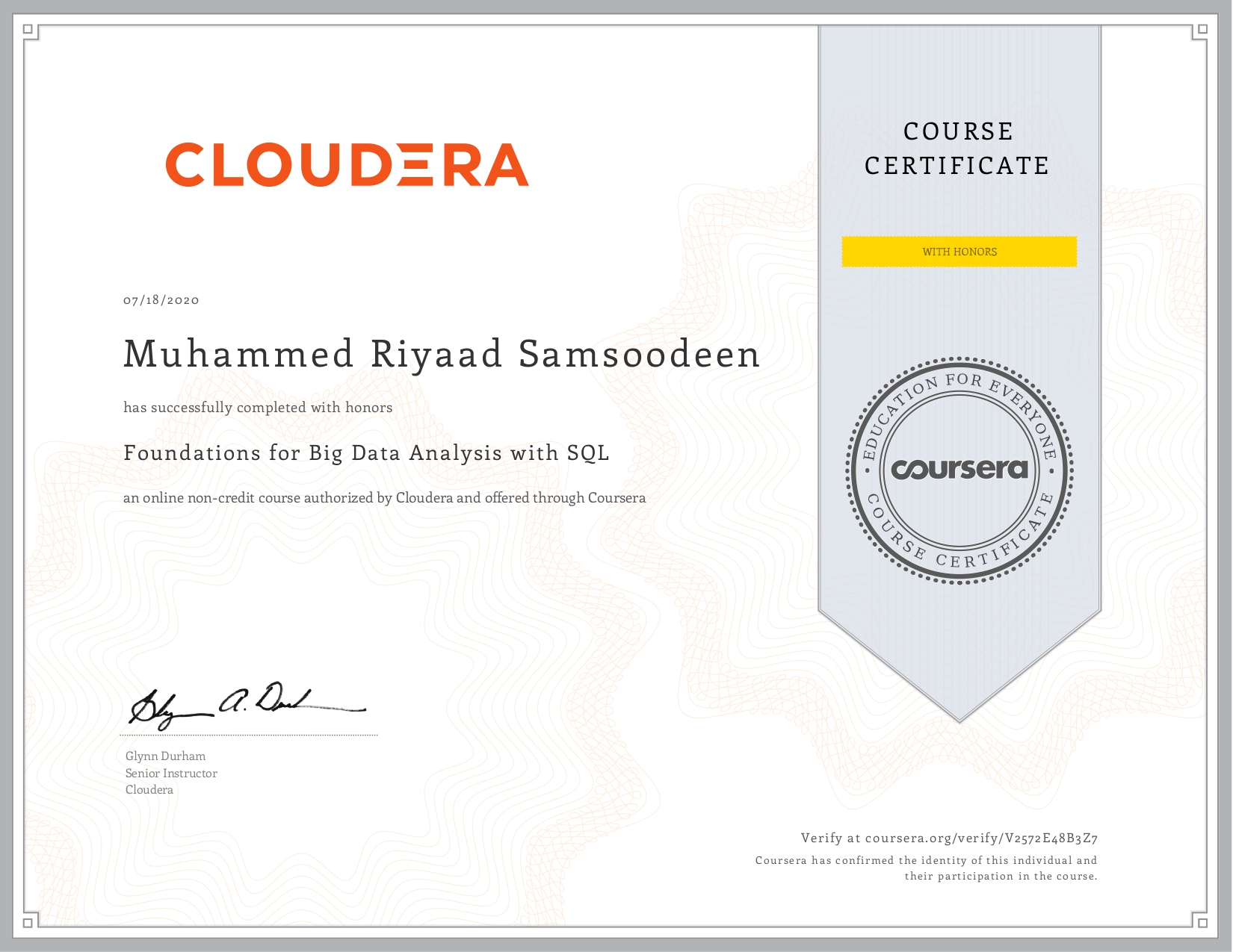 Coursera Certificate with Honors: Big Data Analysis with SQL